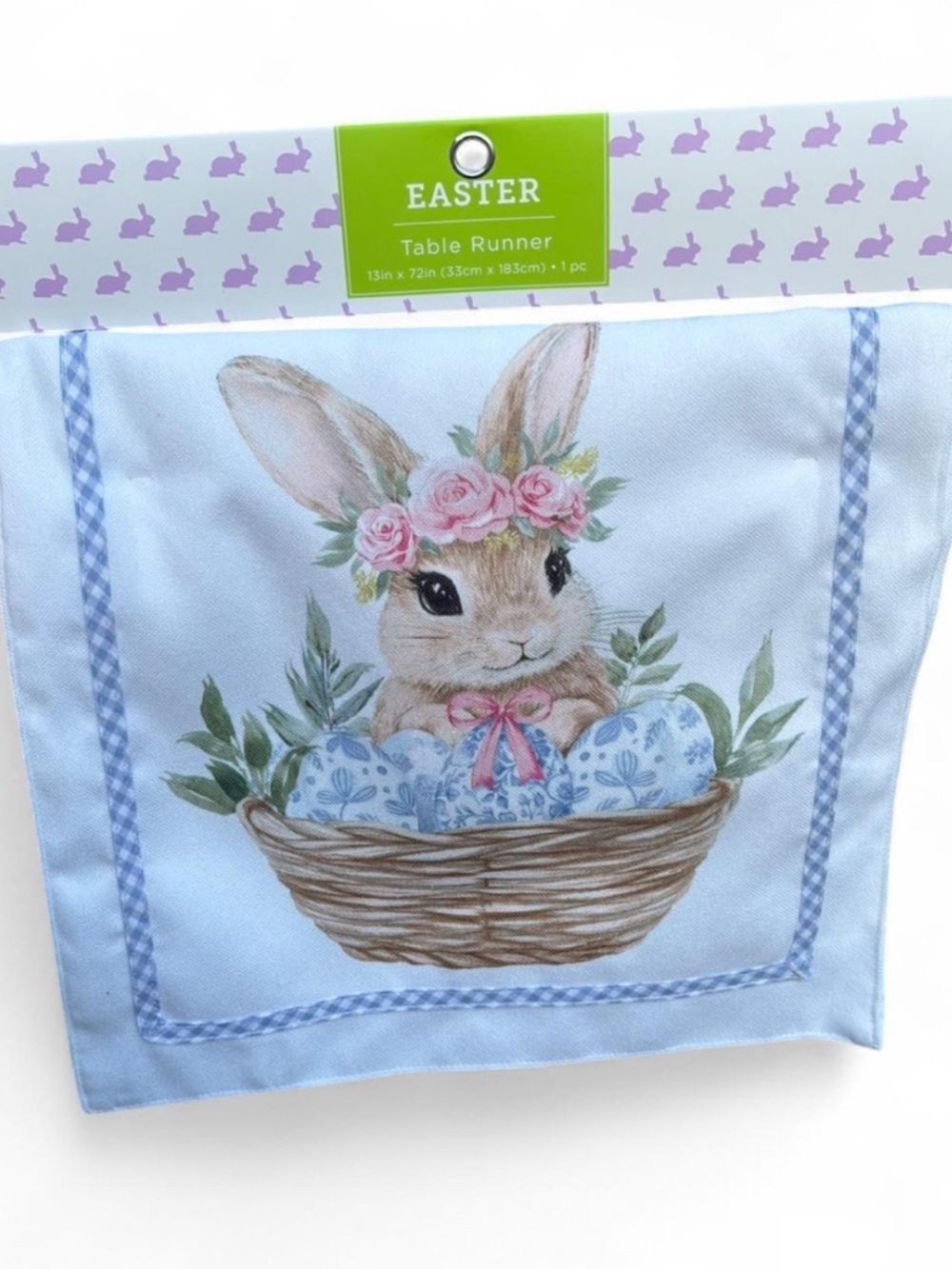 Easter Table Runner – Bunny with Flower Crown & Egg Basket Spring Decor
